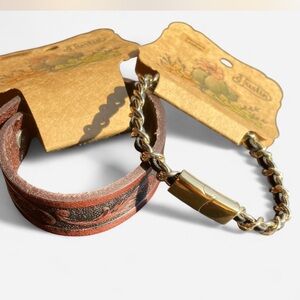 Justin Boots Gold-Tone leather laced Chain Bracelet and Brown Leather Cuff Set